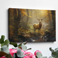 Framed canvas print of a majestic stag in a sunlit autumn forest with golden foliage