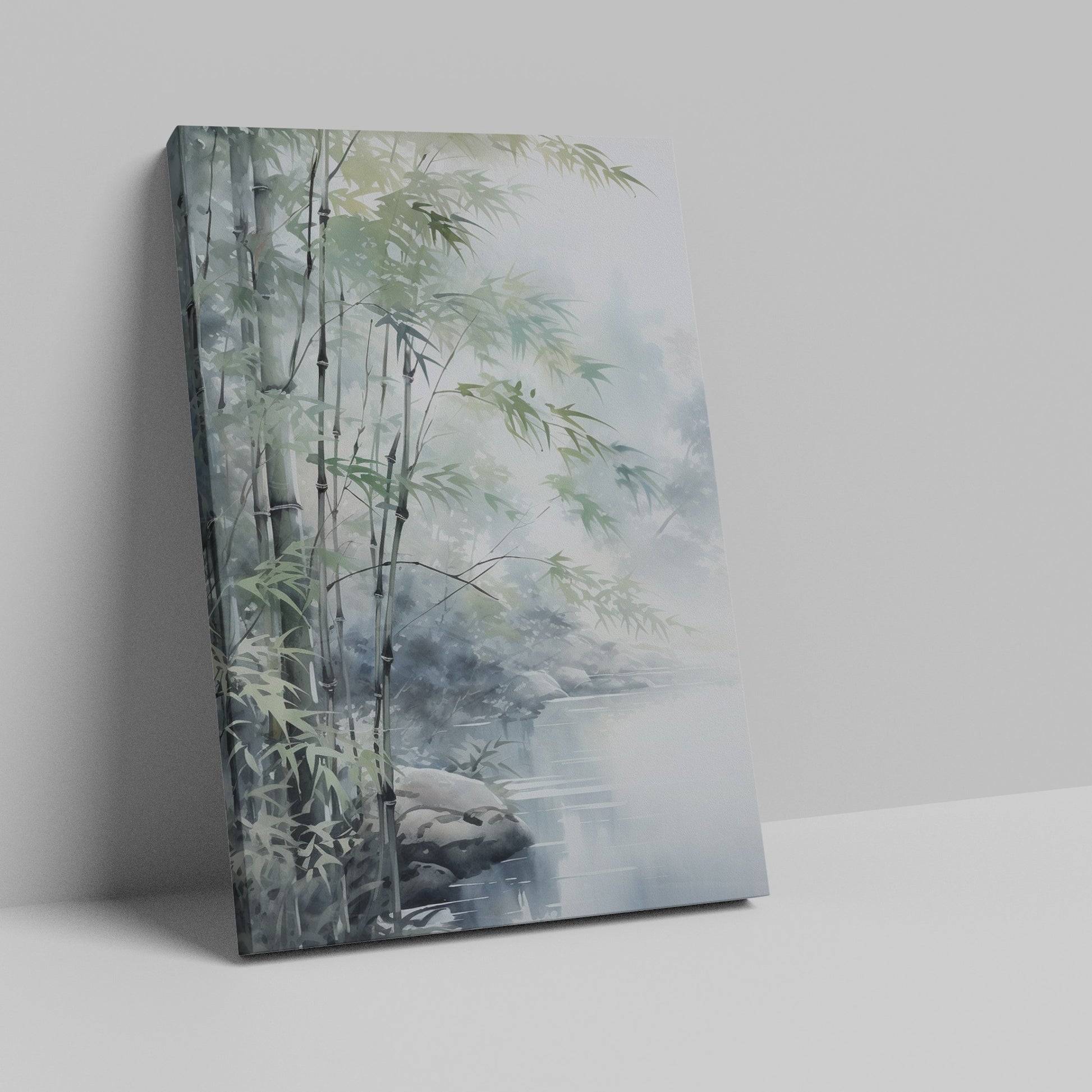 Framed canvas print of a misty bamboo grove with soft watercolour finishes