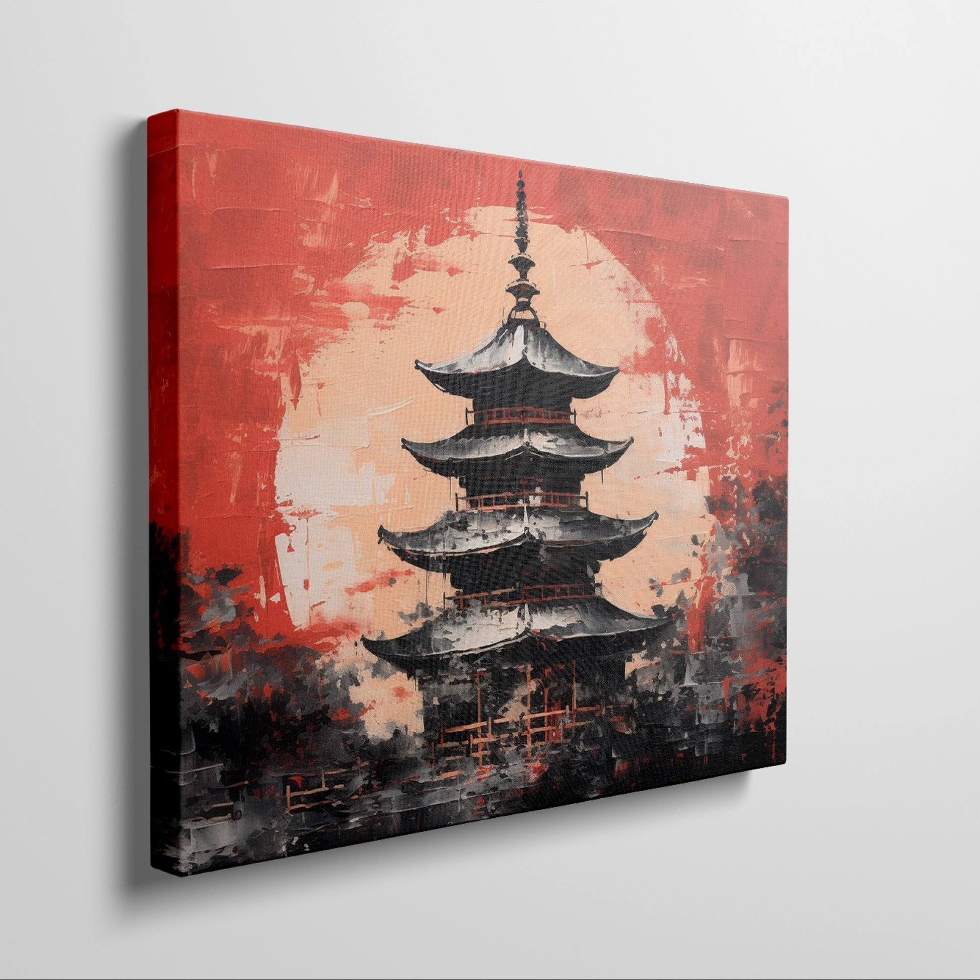 Framed canvas print of abstract Japanese pagoda in bold red and black colours