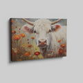 Framed canvas print of realistic cow in a floral setting with warm tones