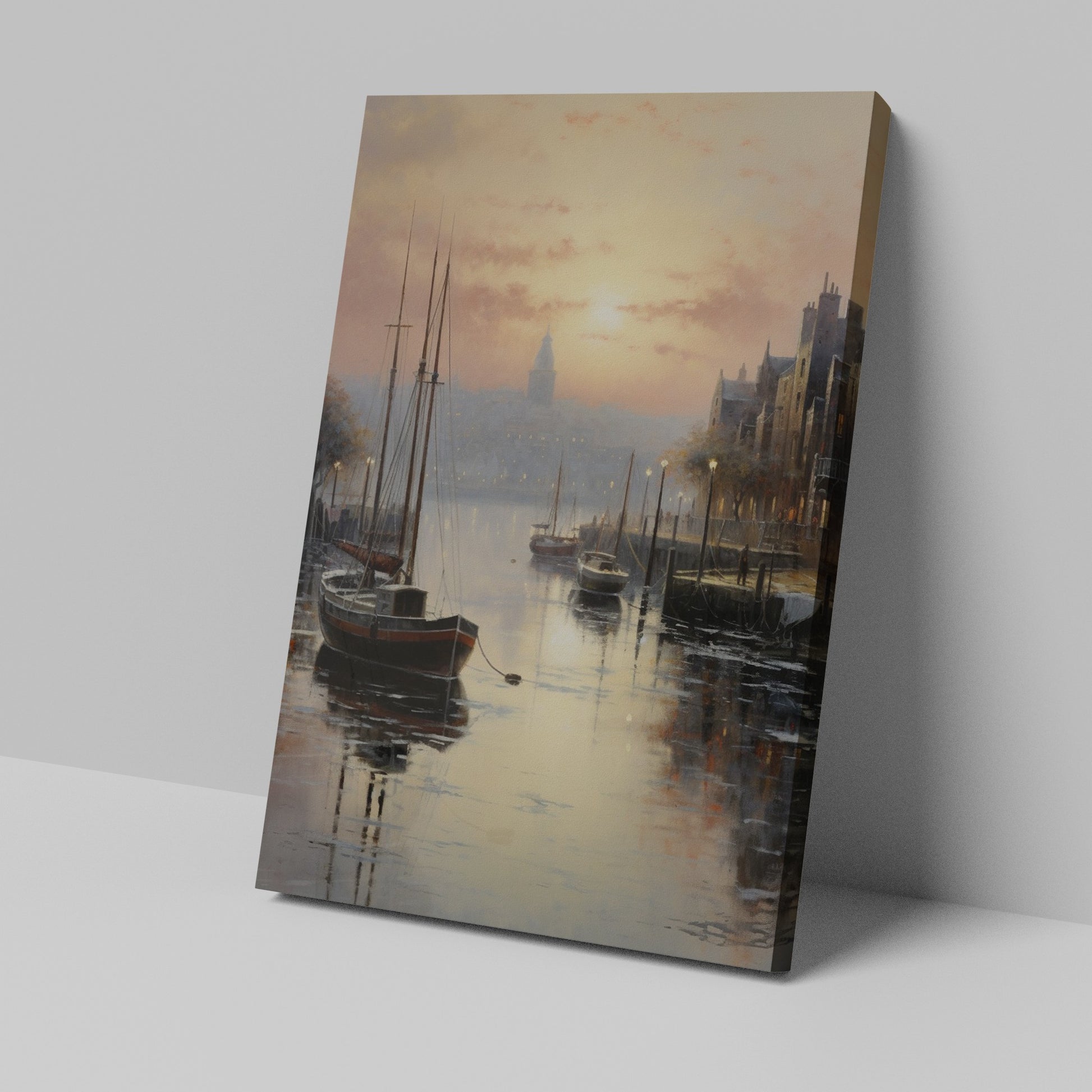 Framed canvas print of serene harbour with sunset, reflective water and sailing boats