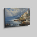 Framed canvas print of a realistic painting depicting a cliffside Mediterranean village with vivid blue sea and sky