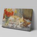 Framed canvas print of a ginger cat sleeping beside vibrant red tulips and yellow daffodils