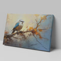 Framed canvas print of a stylised blue bird sitting on a branch with impressionistic brushstrokes