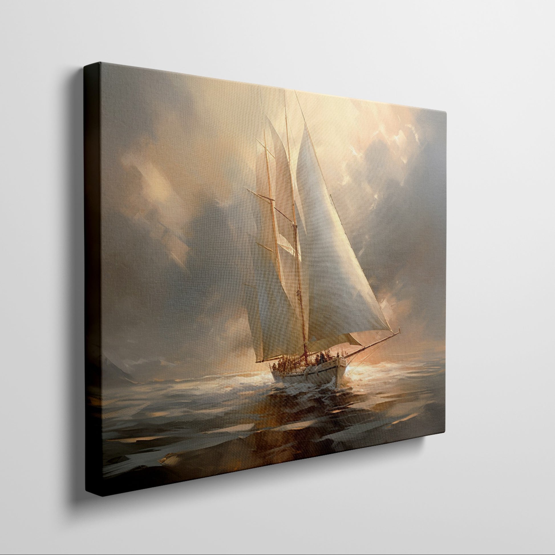 Framed canvas print of a classic sailing ship gliding through the ocean at sunset, with warm golden and amber tones in the sky