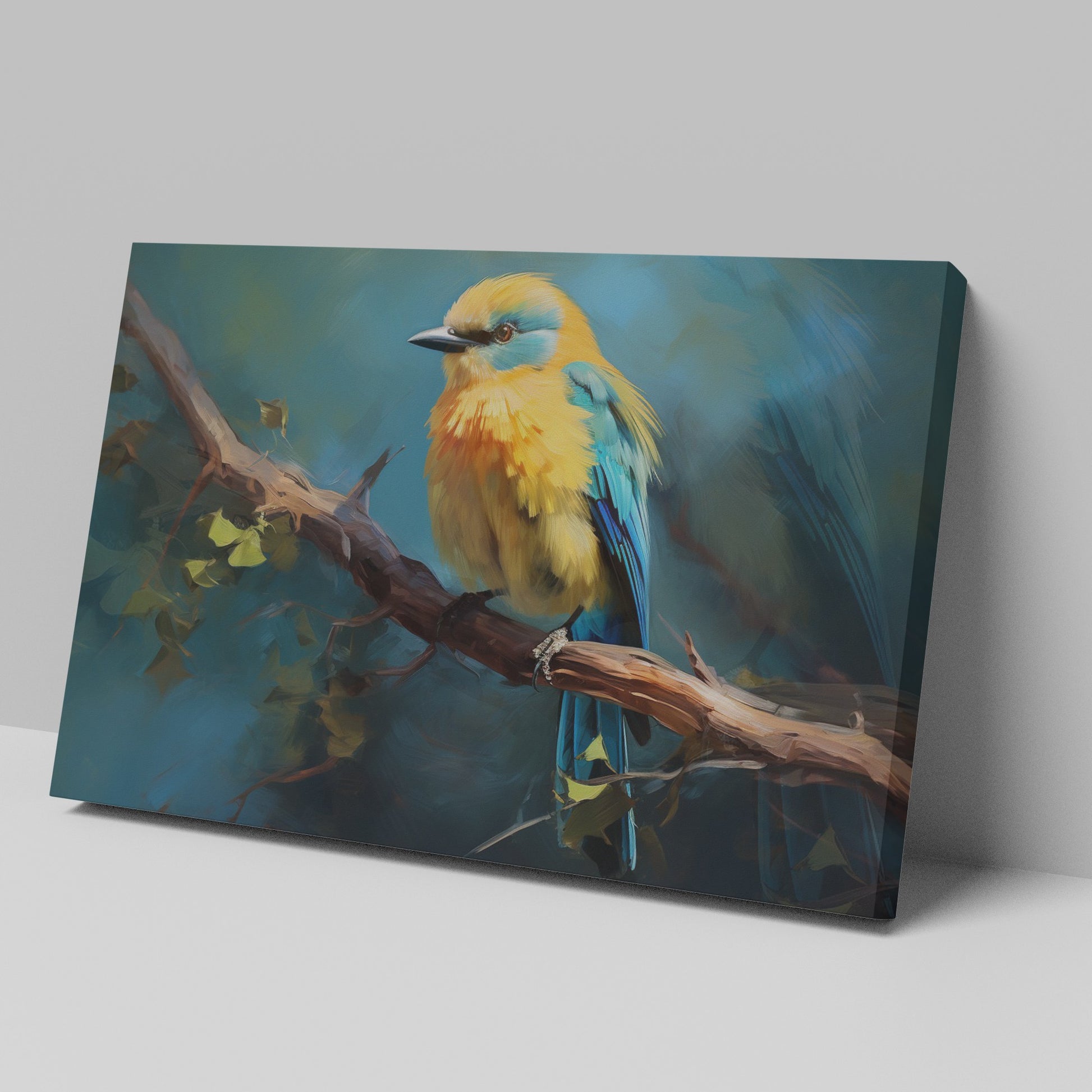 Framed canvas print of a vibrant blue and yellow bird perched on a tree branch with green leaves