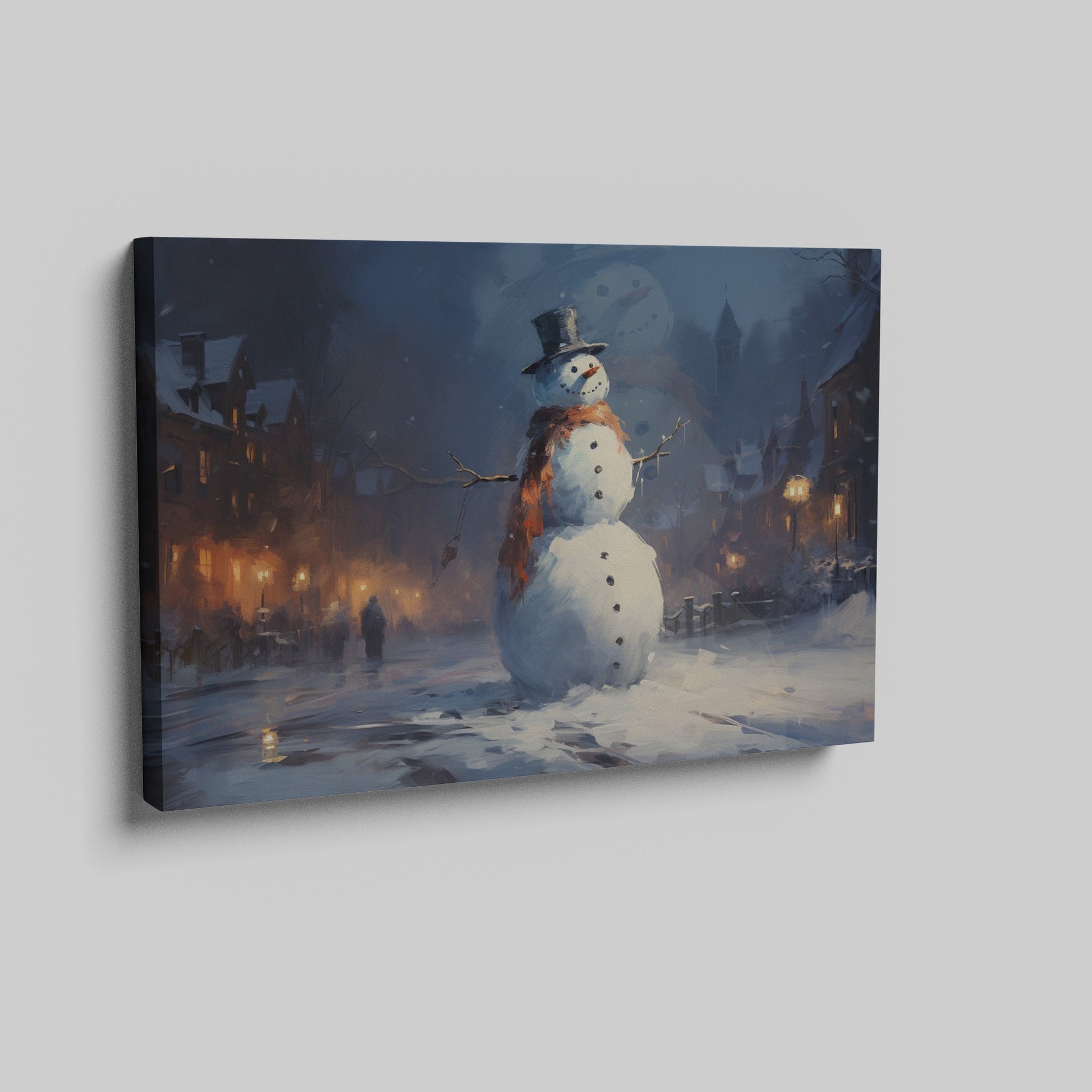 Framed canvas print of a snowman in a winter evening townscape with warm street lights and snowfall