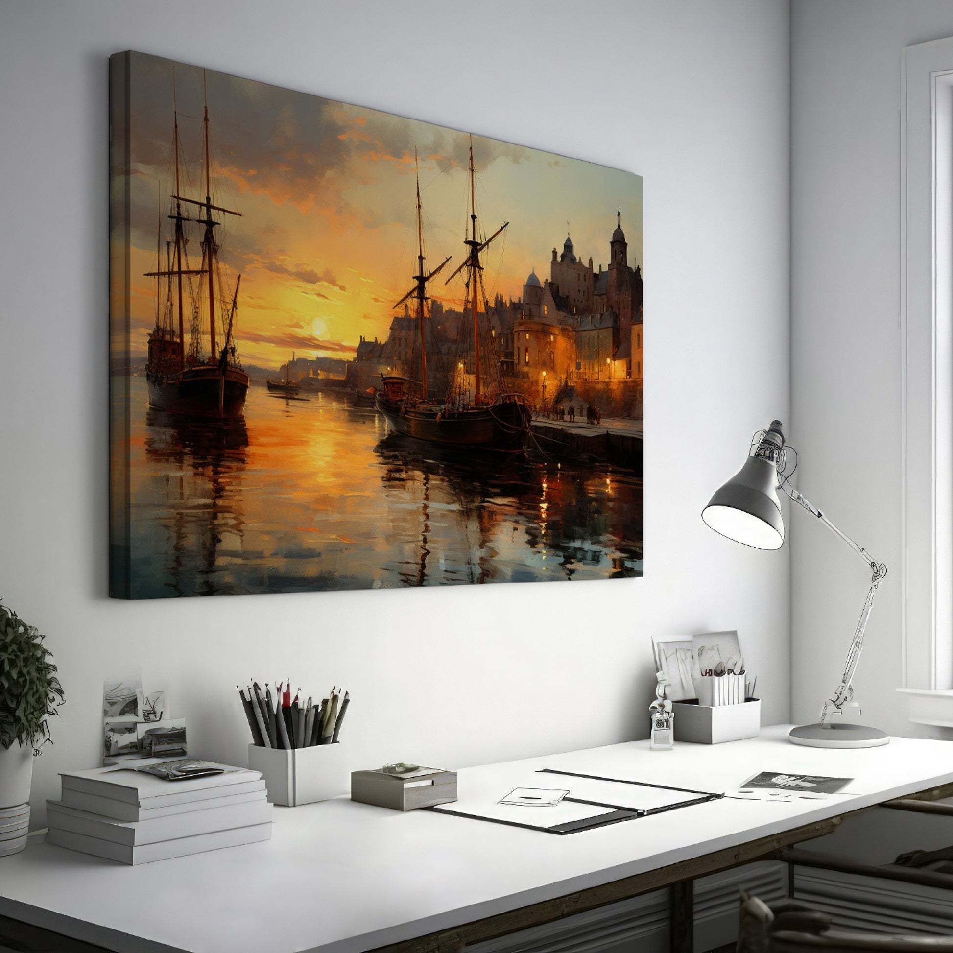 Framed canvas print of a sunset over a historic harbour with vintage ships