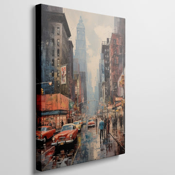 Framed canvas print of a rainy urban cityscape with vintage cars and reflections on the wet street