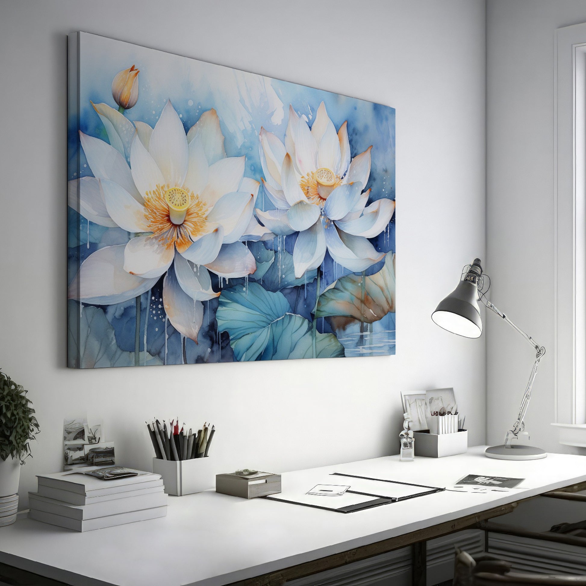 Framed canvas print of ethereal watercolor lotus flowers in tranquil blue hues