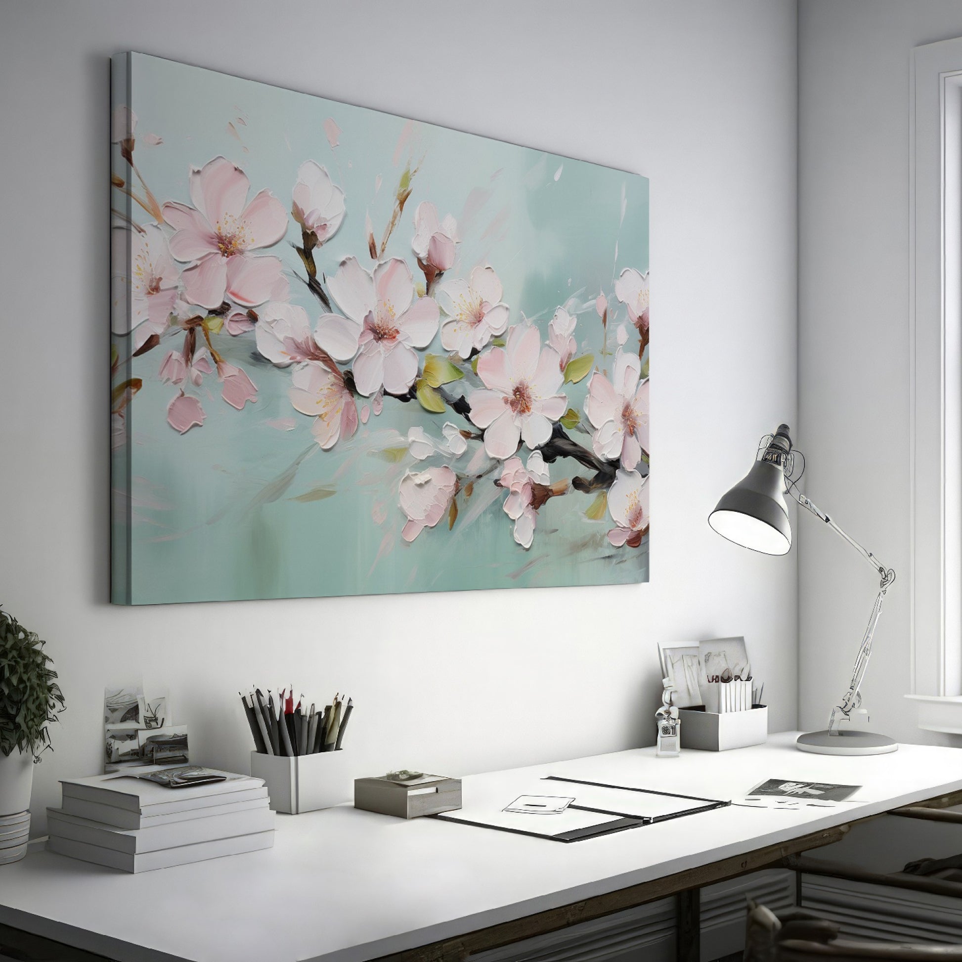 Framed canvas print of pastel cherry blossom flowers in impasto style