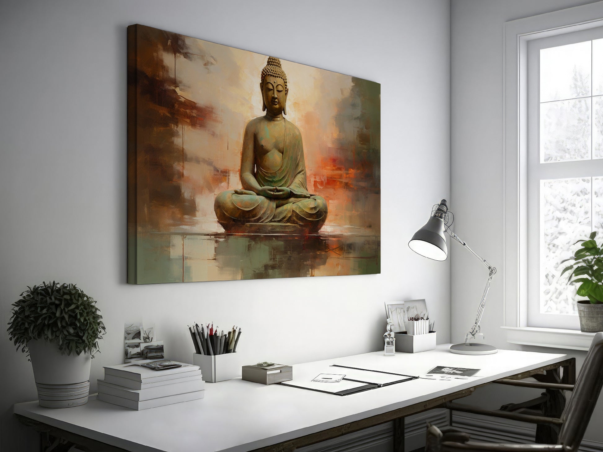 Framed canvas print of a serene Buddha in meditation with abstract background