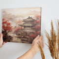 Framed canvas print of Oriental Asian Pagoda scene with Cherry Blossoms and misty mountain backdrop