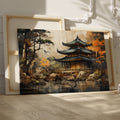 Framed canvas print of an oriental pagoda surrounded by autumn trees and reflection on water