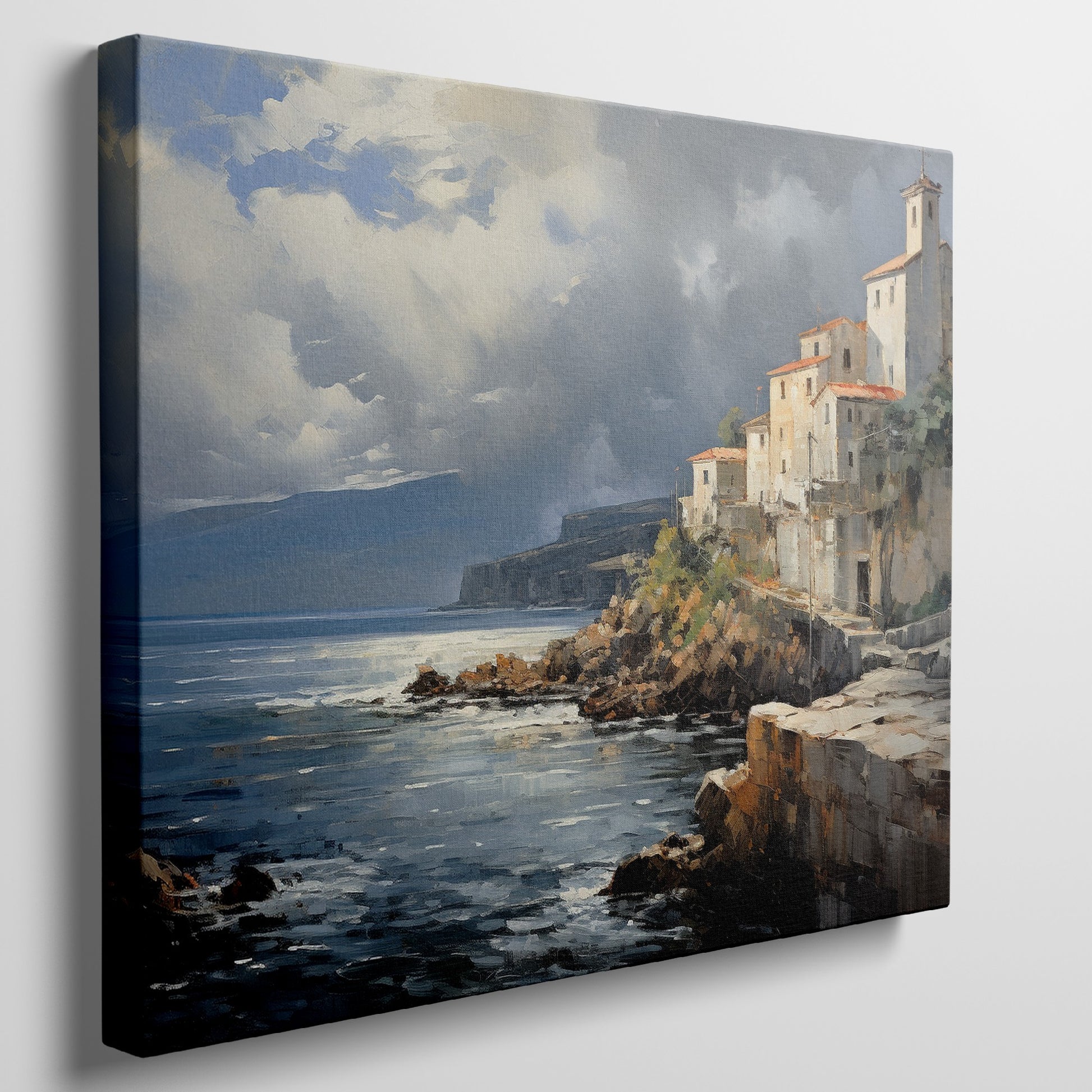 Framed canvas print of a realistic painting depicting a cliffside Mediterranean village with vivid blue sea and sky