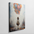 Framed canvas print of a youthful figure standing before an urban skyline, holding a cluster of colourful balloons