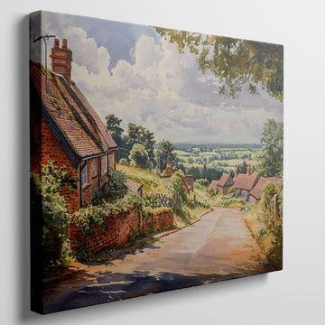 Framed canvas print of a summer countryside scene with traditional brick houses and a country road