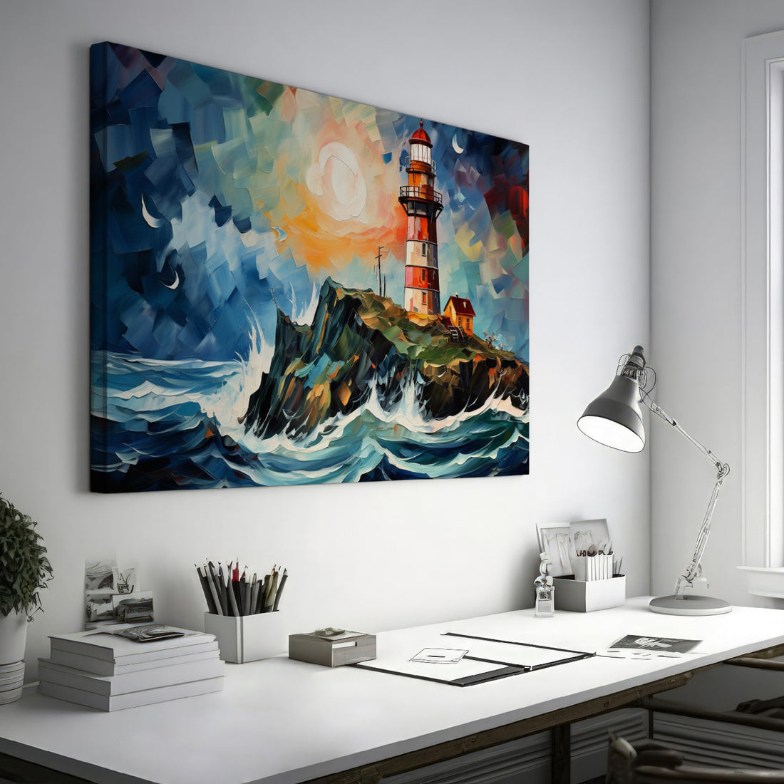 Framed canvas print of an abstract lighthouse seascape with vibrant sunset and dynamic brushstrokes