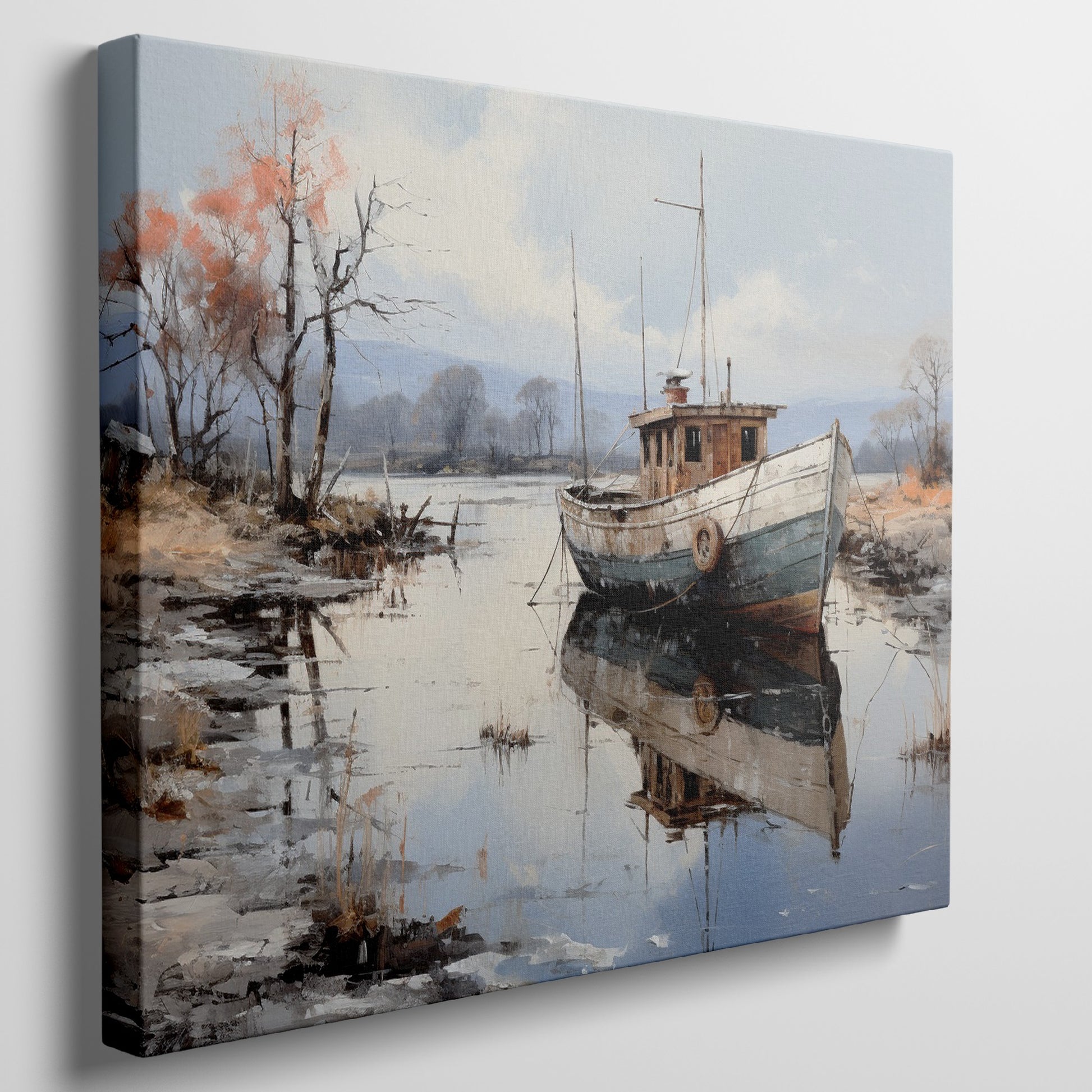 Framed canvas print of a tranquil landscape with a vintage boat moored on calm waters, reflecting autumnal trees