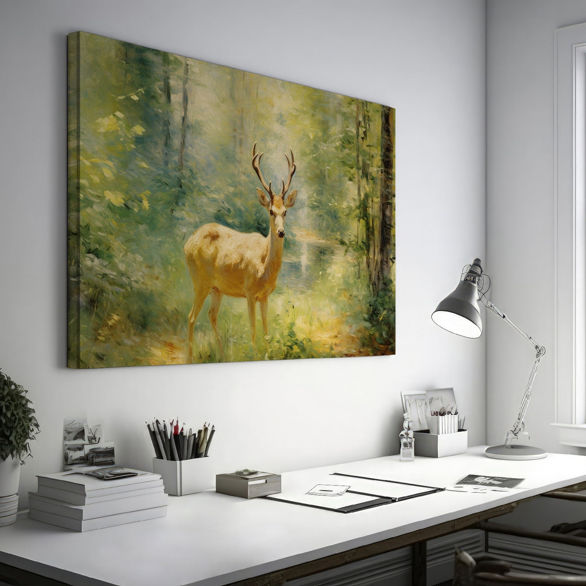 Framed canvas print of an Impressionist-style painting depicting a deer in a luminous, green forest