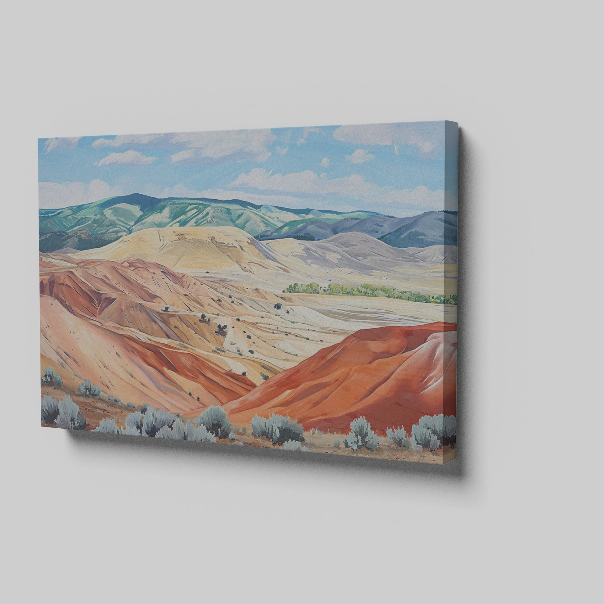 Framed canvas print of a serene and rustic painted hills landscape