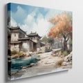 Framed canvas print of an impressionist style Oriental village scene with autumnal trees and traditional architecture