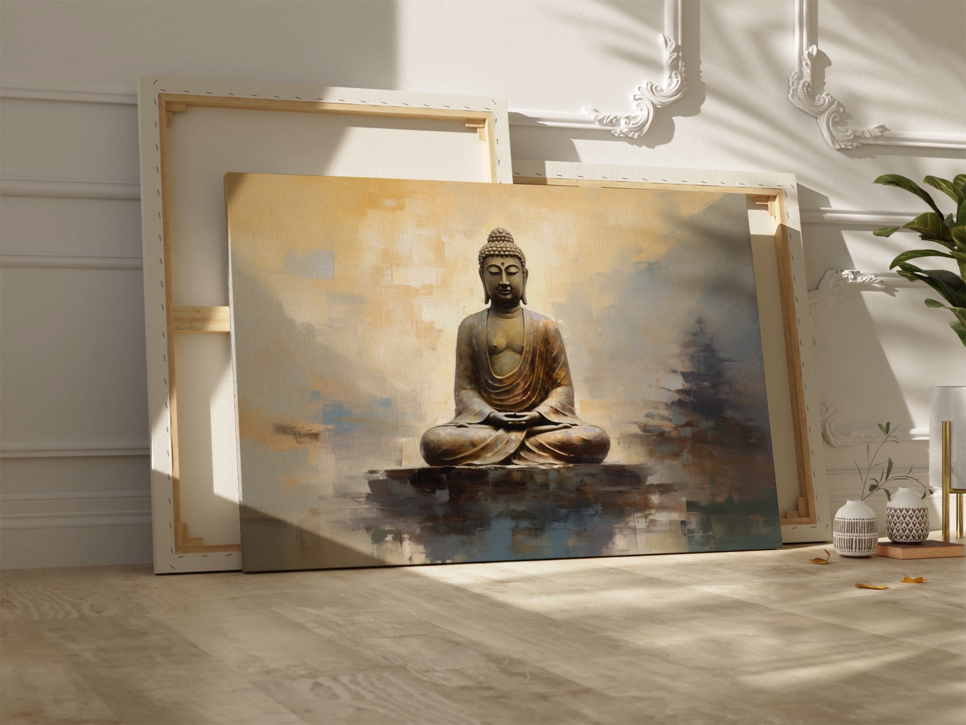 Framed canvas print of a golden Buddha statue with an abstract background