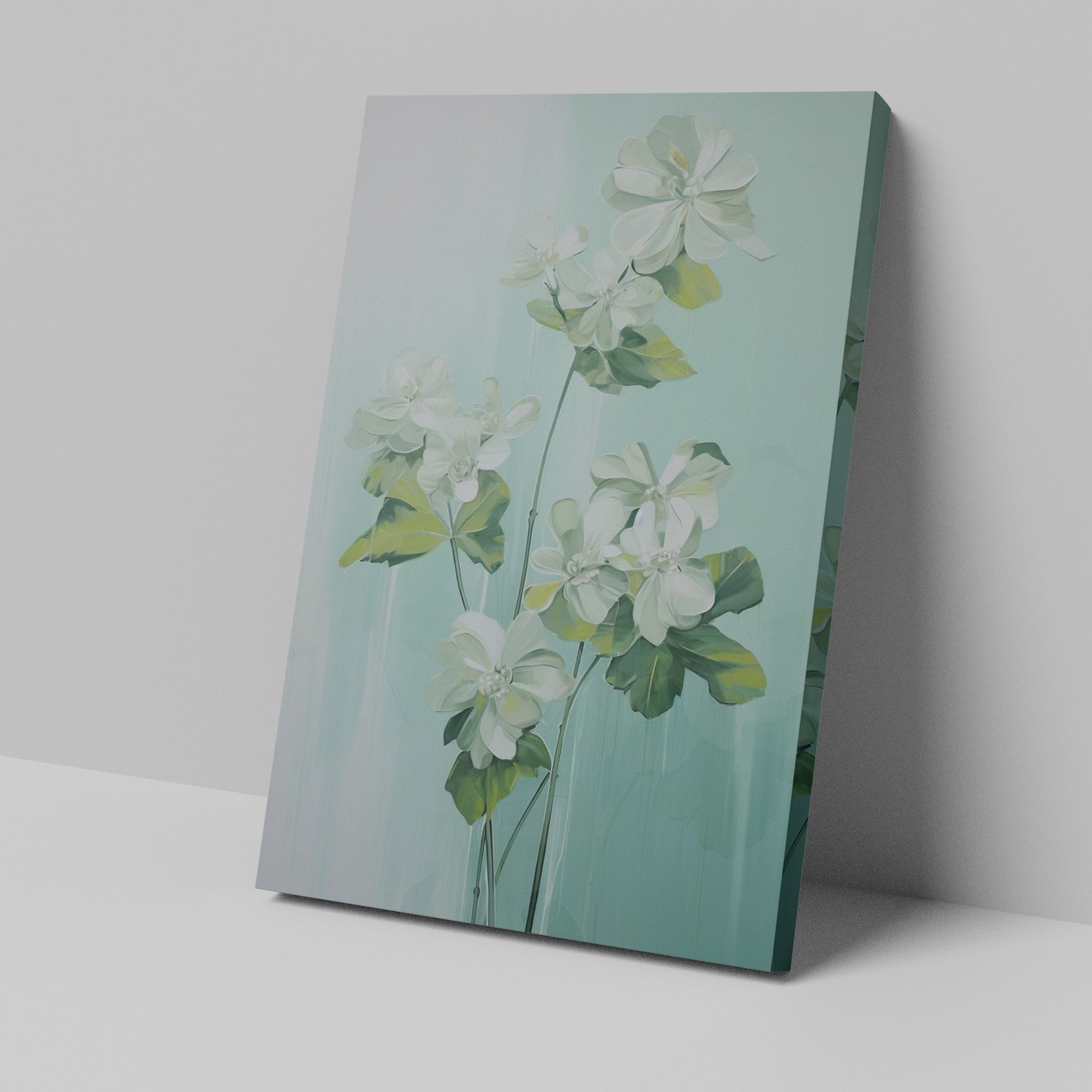 Framed canvas print of white blossoms with green leaves on a soft blue background