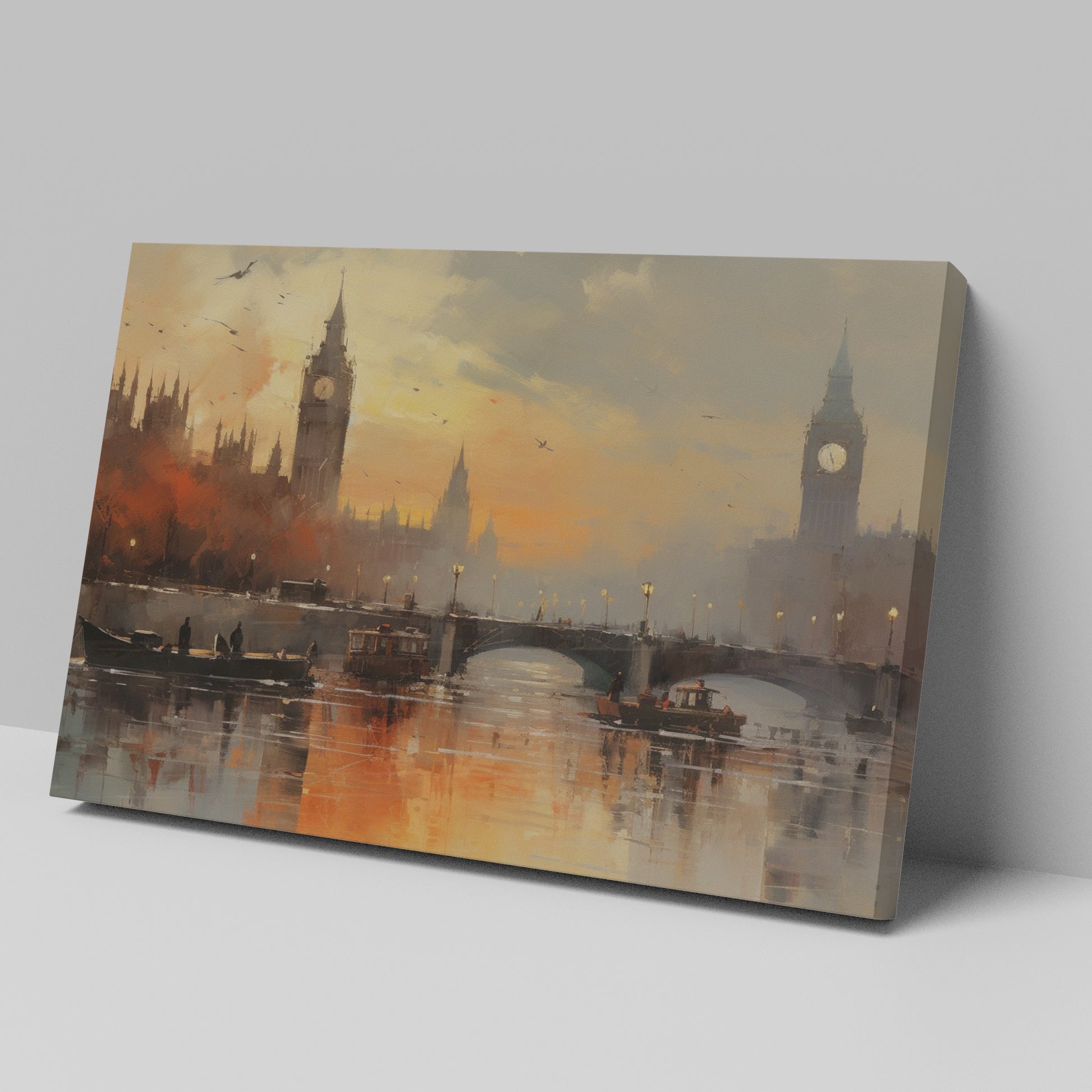 Framed canvas print of London's Big Ben and River Thames during sunset with impressionist style painting