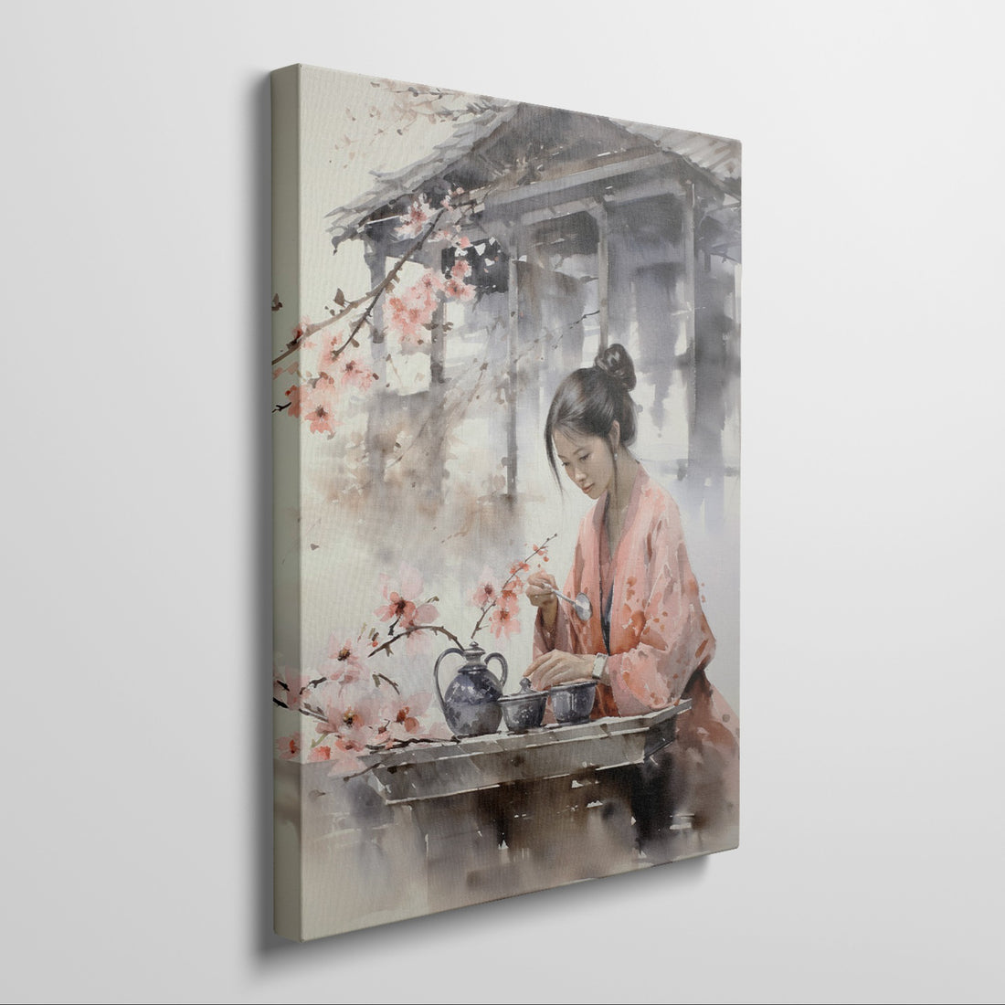 Framed canvas print of a Japanese tea ceremony with cherry blossoms and a woman in traditional attire