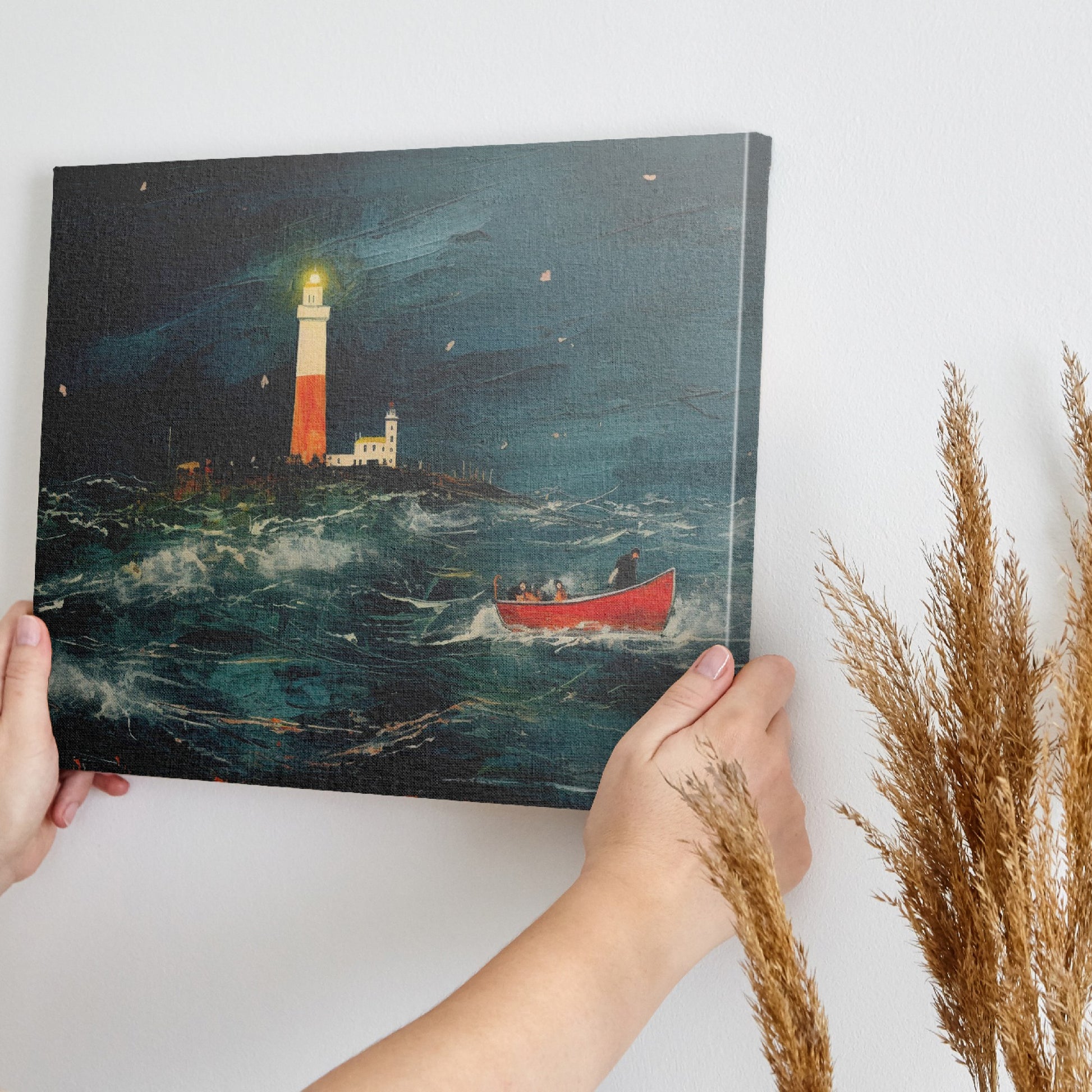 Framed canvas print of impressionist oceanic artwork featuring a bright lighthouse and a red boat in a stormy sea