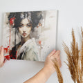 Framed canvas print of ethereal geisha in modern ink style with red accents