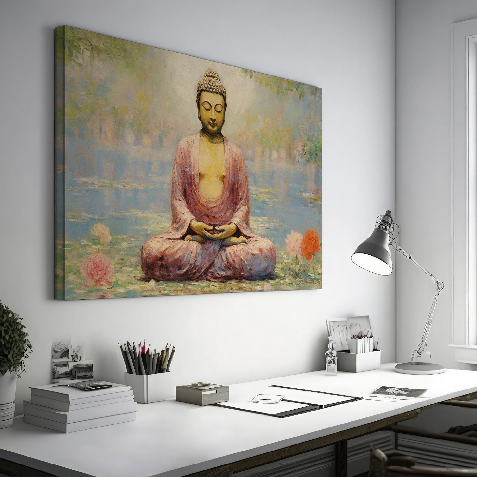 Framed canvas print of a serene Buddha in meditative pose with lotus flowers and reflective water