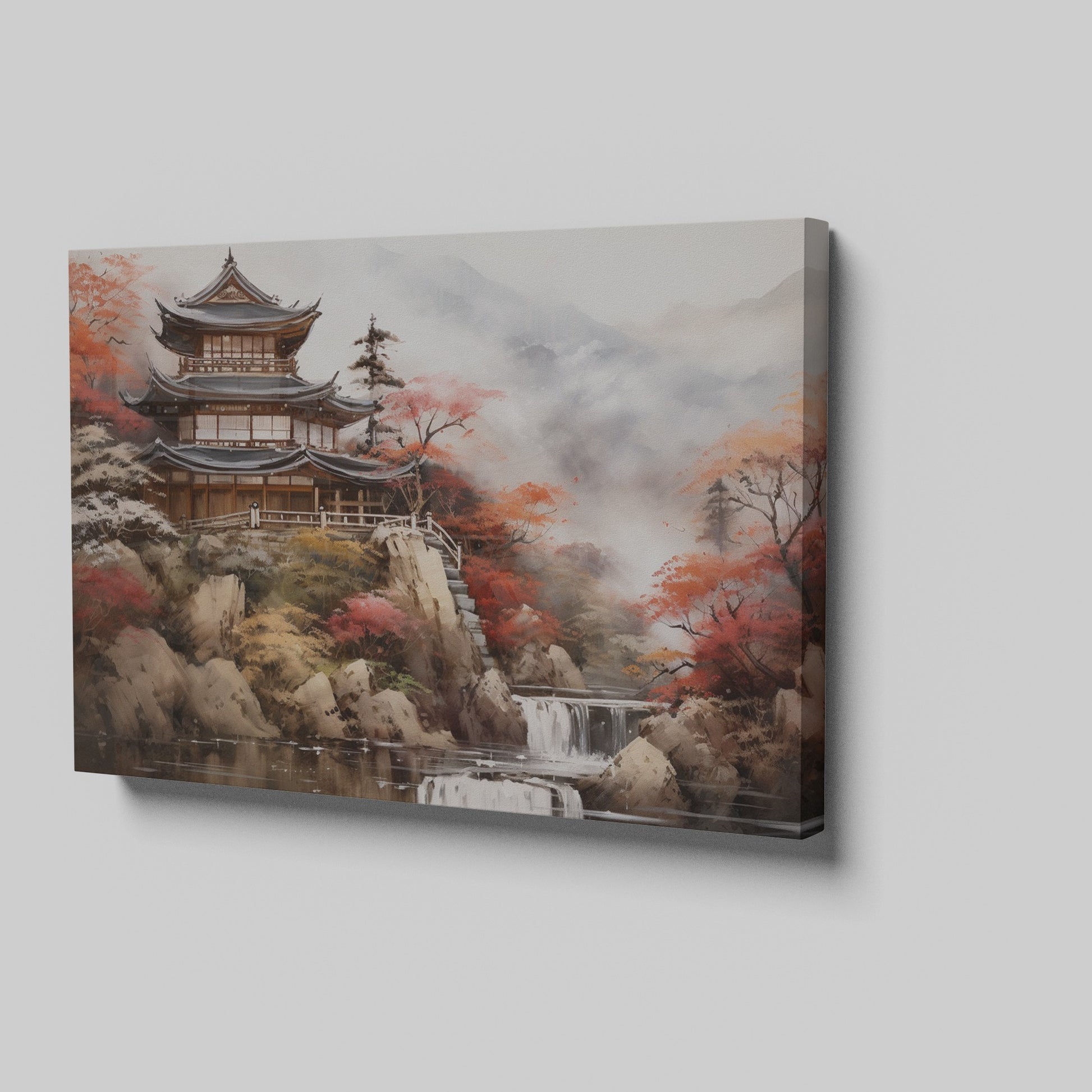 Digital painting of a traditional Japanese temple in autumn with vibrant red maple trees and cascading waterfall