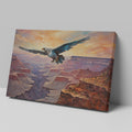 Framed canvas print of a majestic eagle flying over a dramatic canyon landscape at sunset