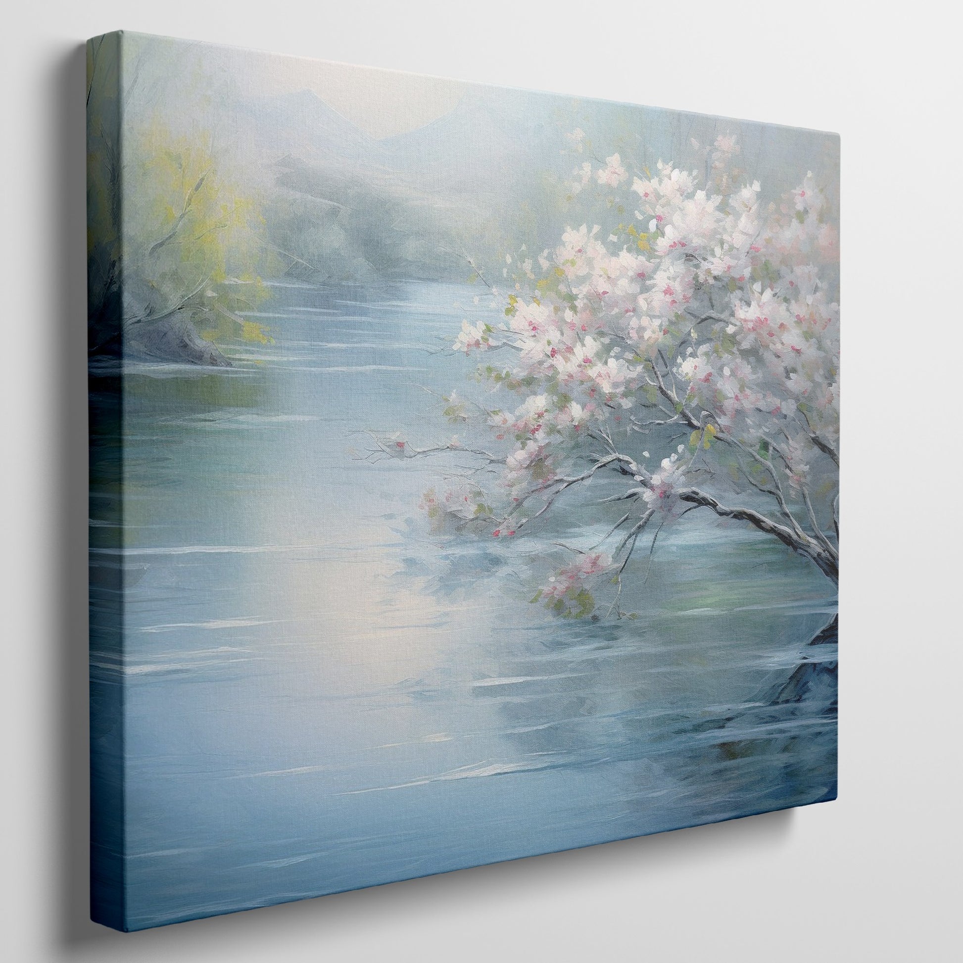 Framed canvas print of serene riverscape with cherry blossoms in impressionist style