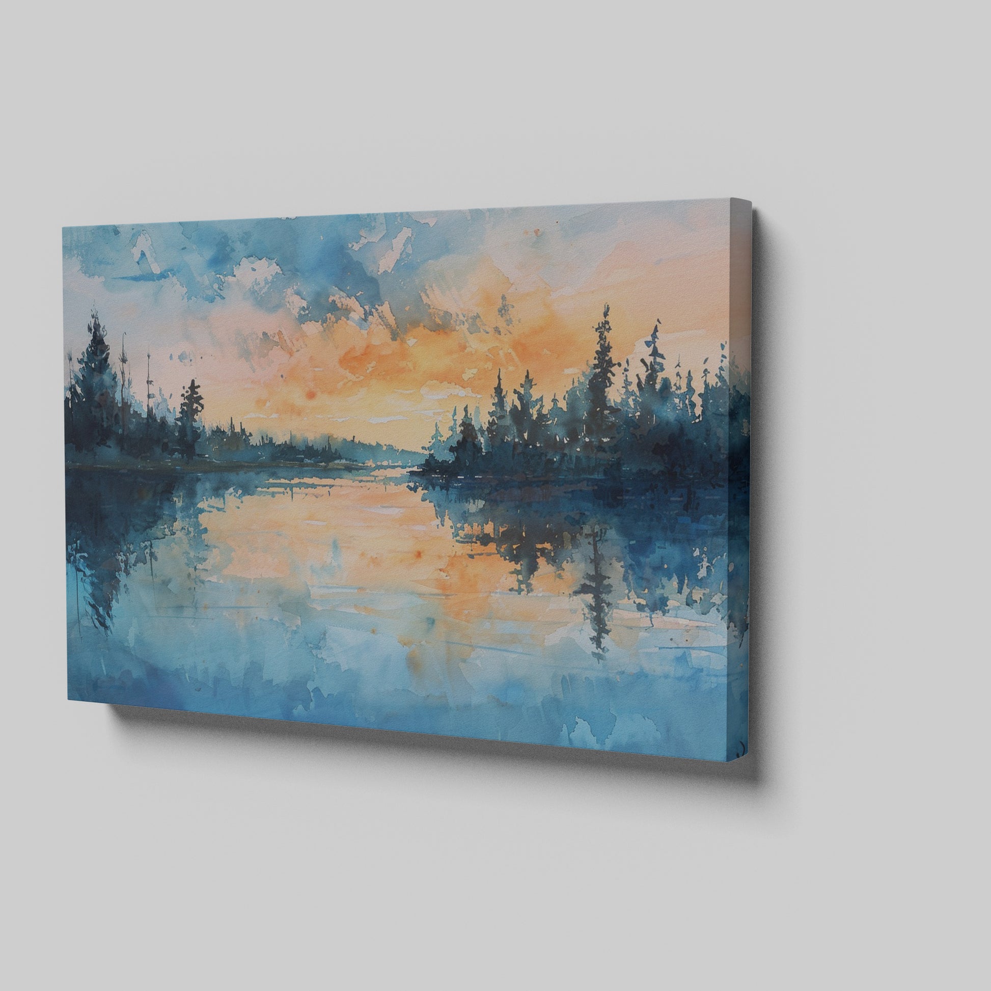 Framed canvas print of a watercolour painting with sunset over a lake and forest silhouette