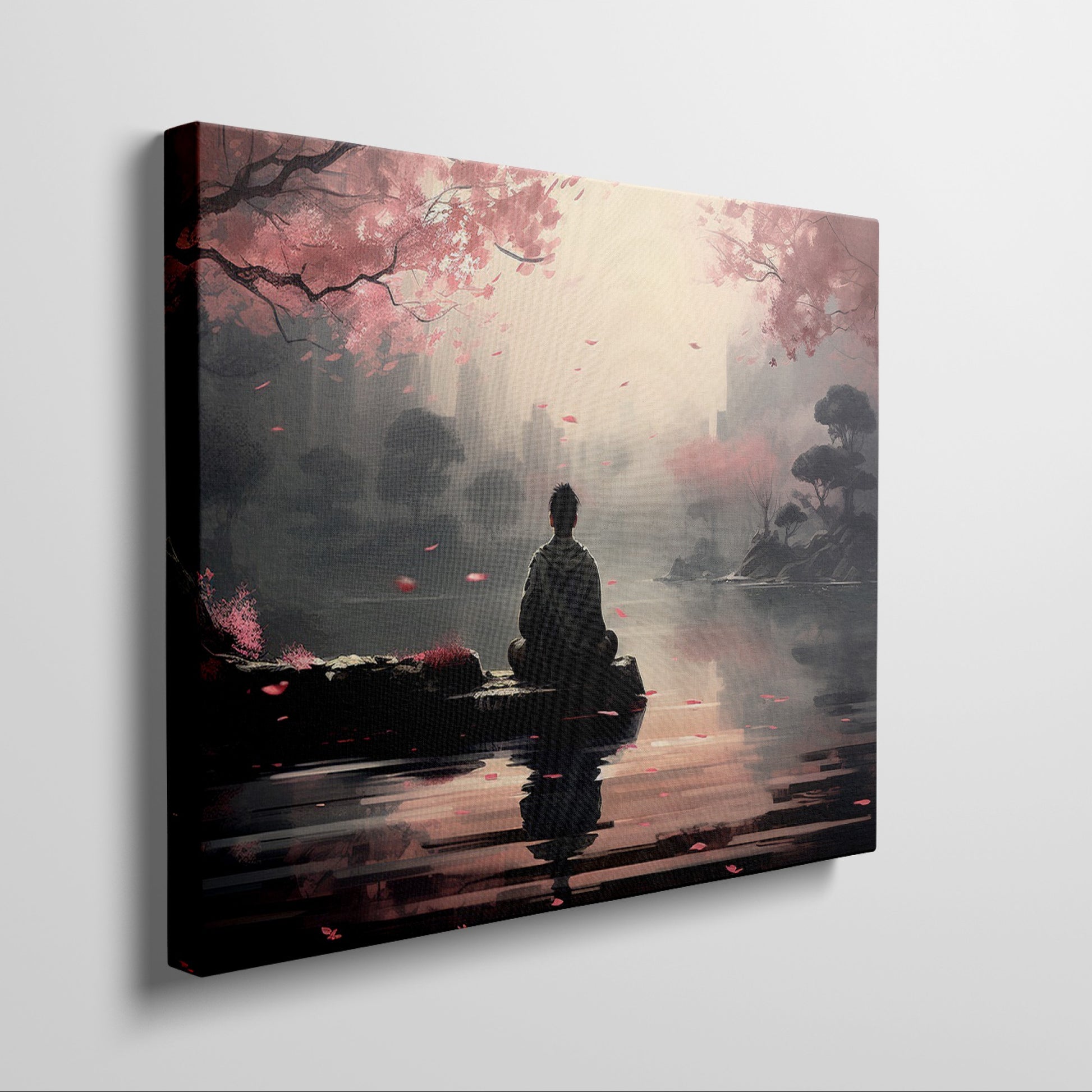 Framed canvas print of a serene digital painting with a figure sitting near water, reflecting cherry blossoms and a city silhouette