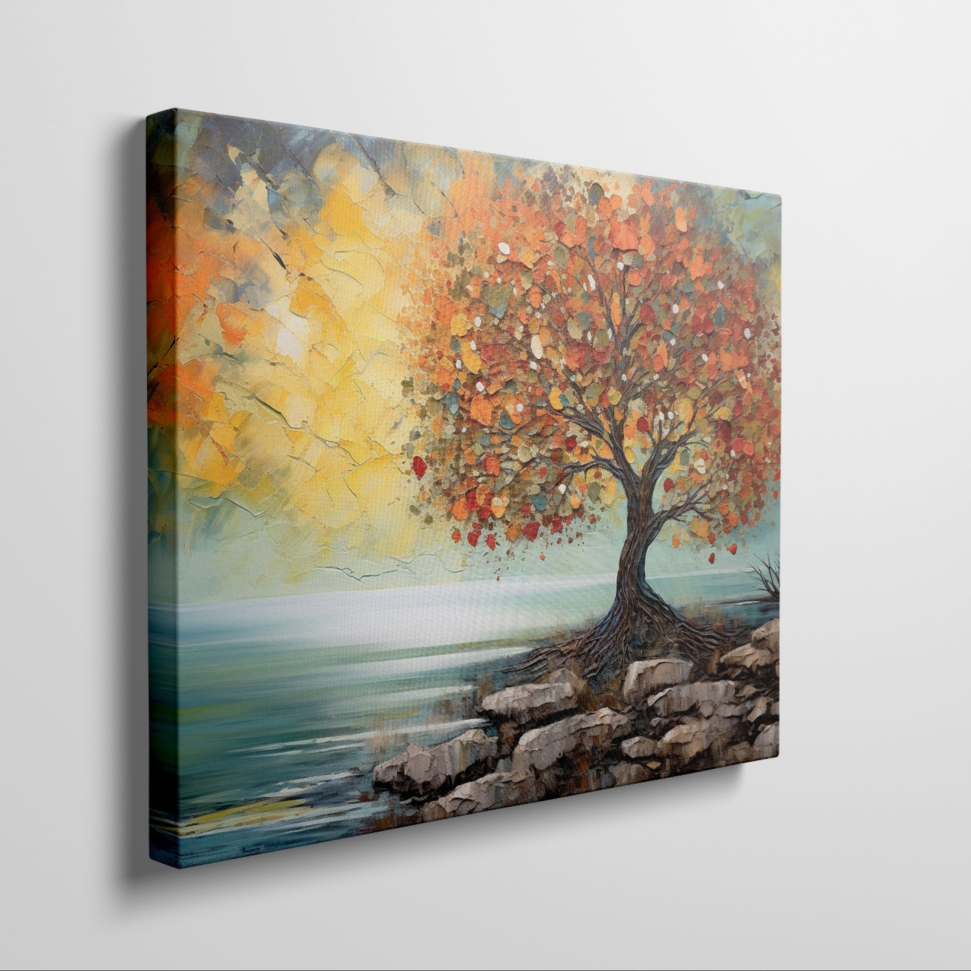 Impressionistic painting of a tree with golden autumn leaves by the coast on canvas