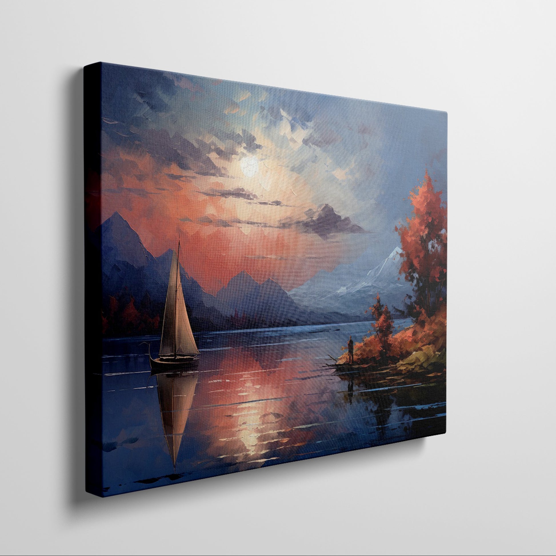 Framed canvas print of an impressionist landscape with a sailboat during sunset, featuring autumnal colours and mountain scenery