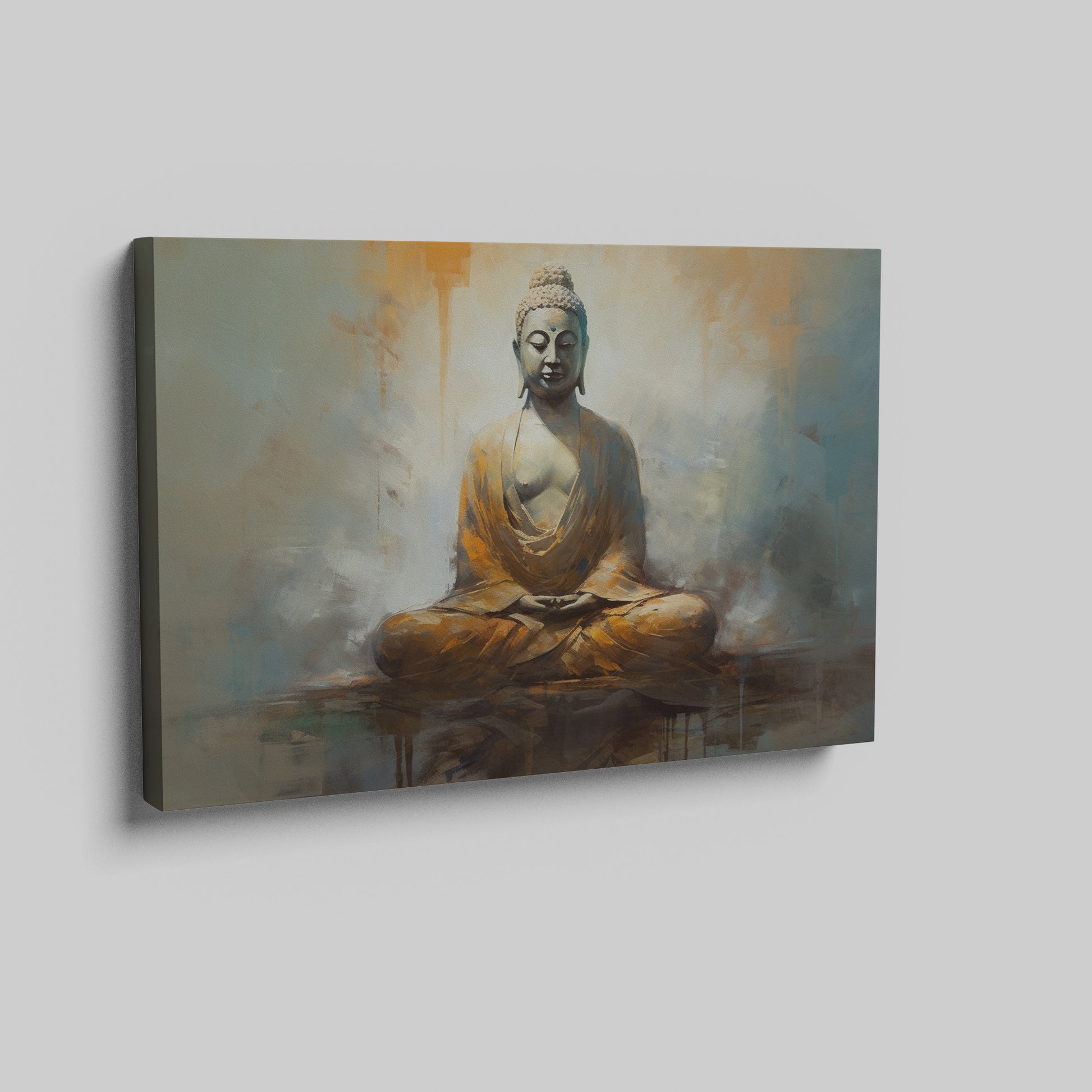 Framed canvas print of serene Buddha in meditation with abstract warm background