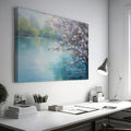 Framed canvas print of Cherry Blossoms by a Tranquil Lake with Pastel Colours