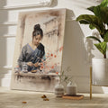 Framed canvas print of an elegant Asian woman with traditional clothing and cherry blossoms