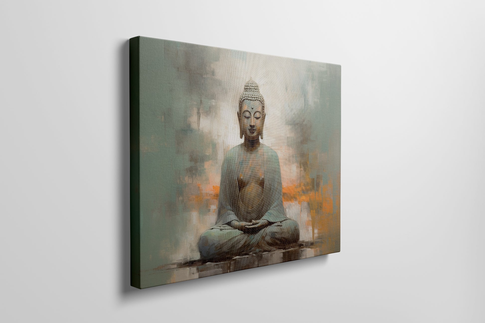 Framed canvas print of serene Buddha in meditation with abstract earthy background