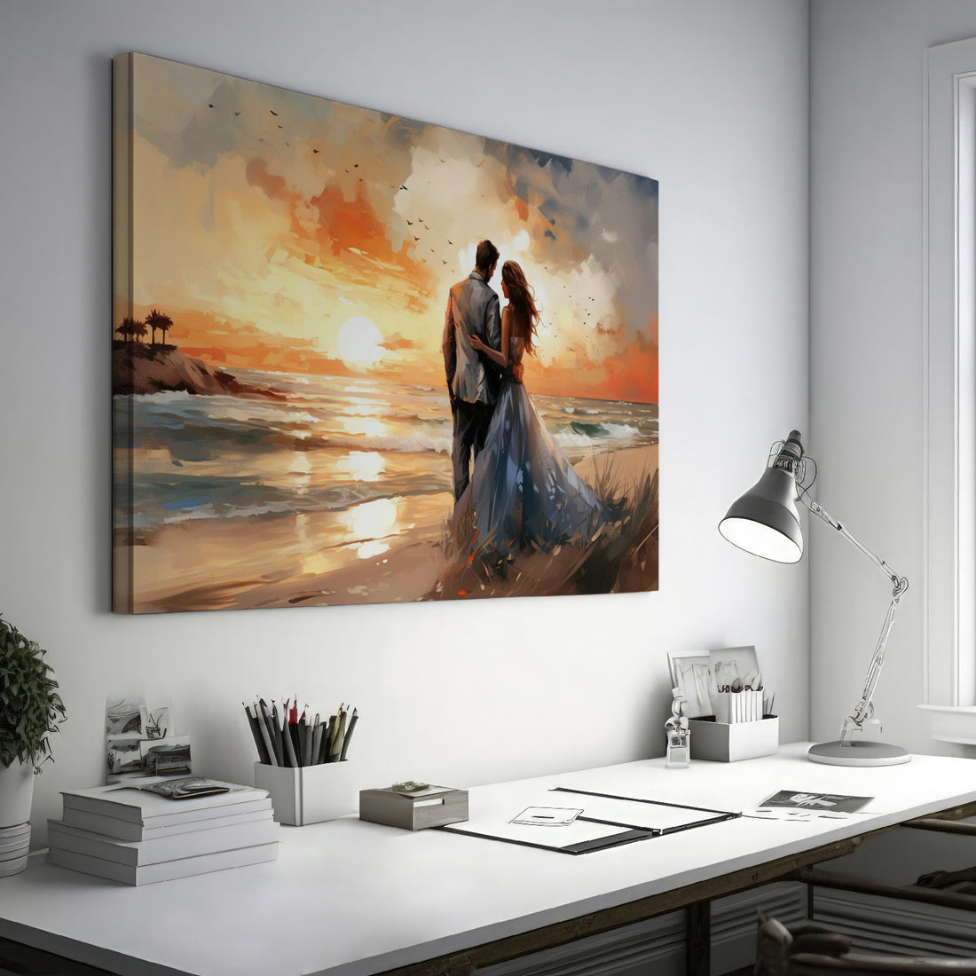 Framed canvas print of a couple embracing on a beach at sunset with vibrant warm colours and soft lighting