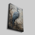 Framed canvas print of a heron standing in a mystical foggy landscape with autumnal trees