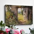 Framed canvas print of a vintage impressionist painting featuring a rustic doorway with blooming wildflowers leading to sunny countryside