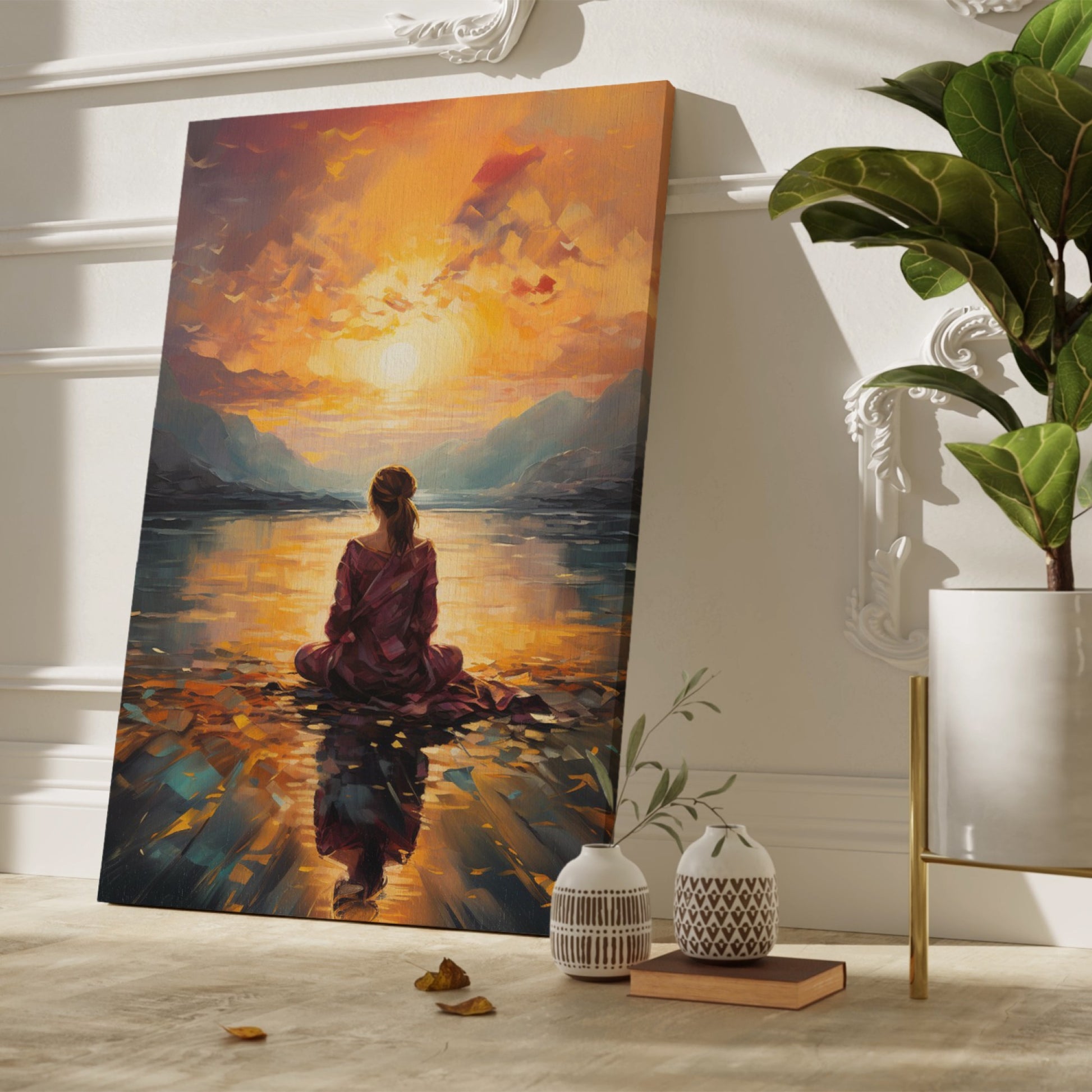 Framed canvas print of a contemplative figure at lakeside during sunset, with vivid warm colours and impressionist style