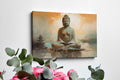 Framed canvas print of serene Buddha in meditation with warm earth tones and tranquil setting