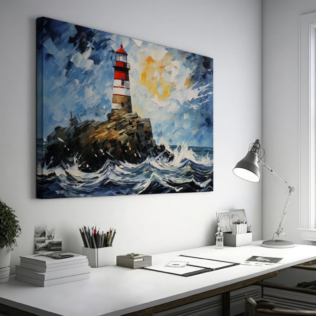 A red-and-white striped lighthouse on a rocky outcrop, surrounded by expressive blue and white ocean waves with a sunset backdrop.